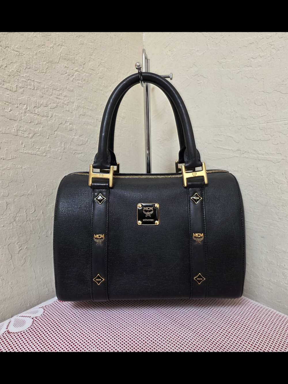 MCM Black Leather Boston Medium Handbag Satchel AUTHENTIC